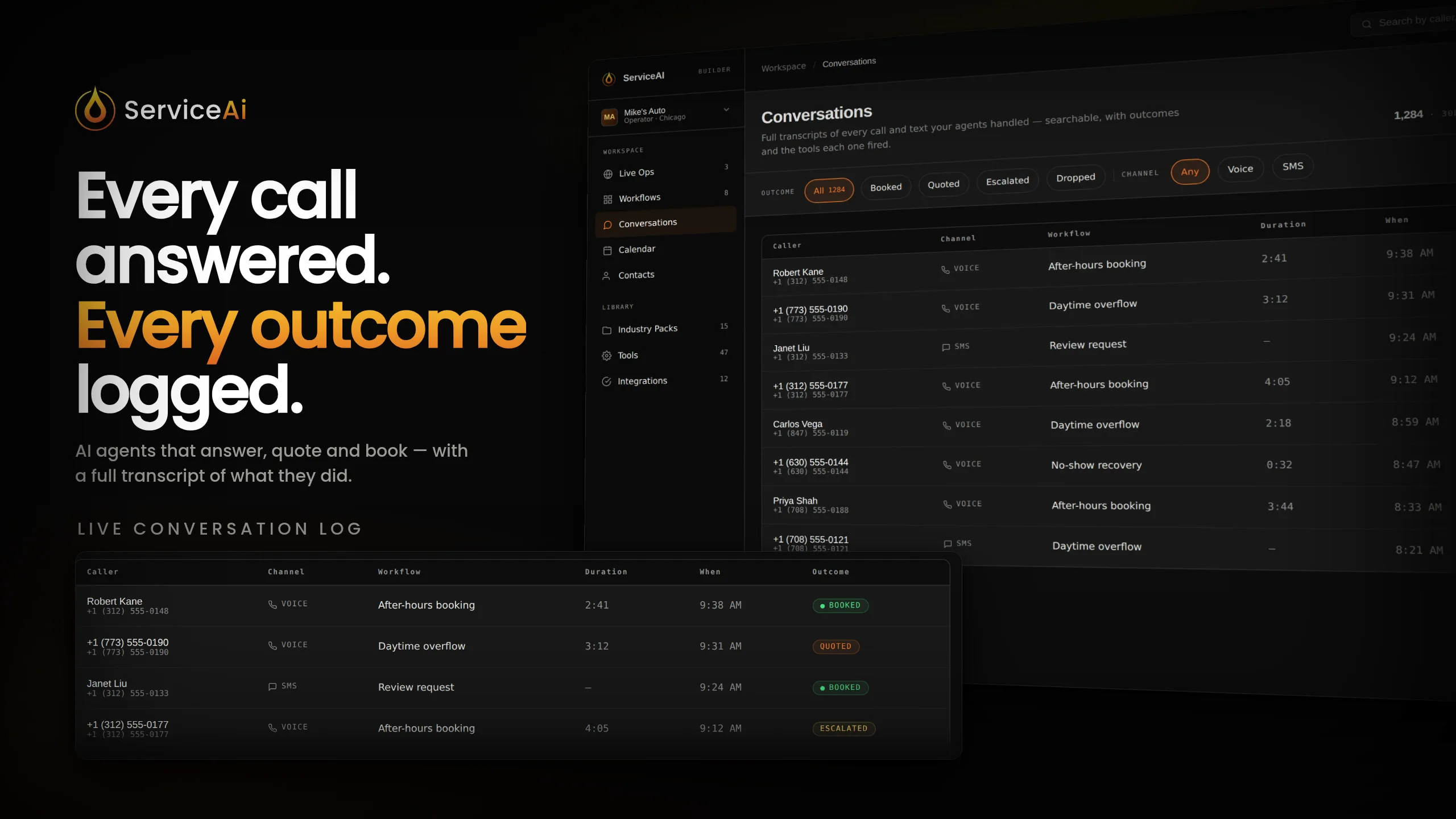 ServiceAi conversation operations dashboard with sample call outcomes
