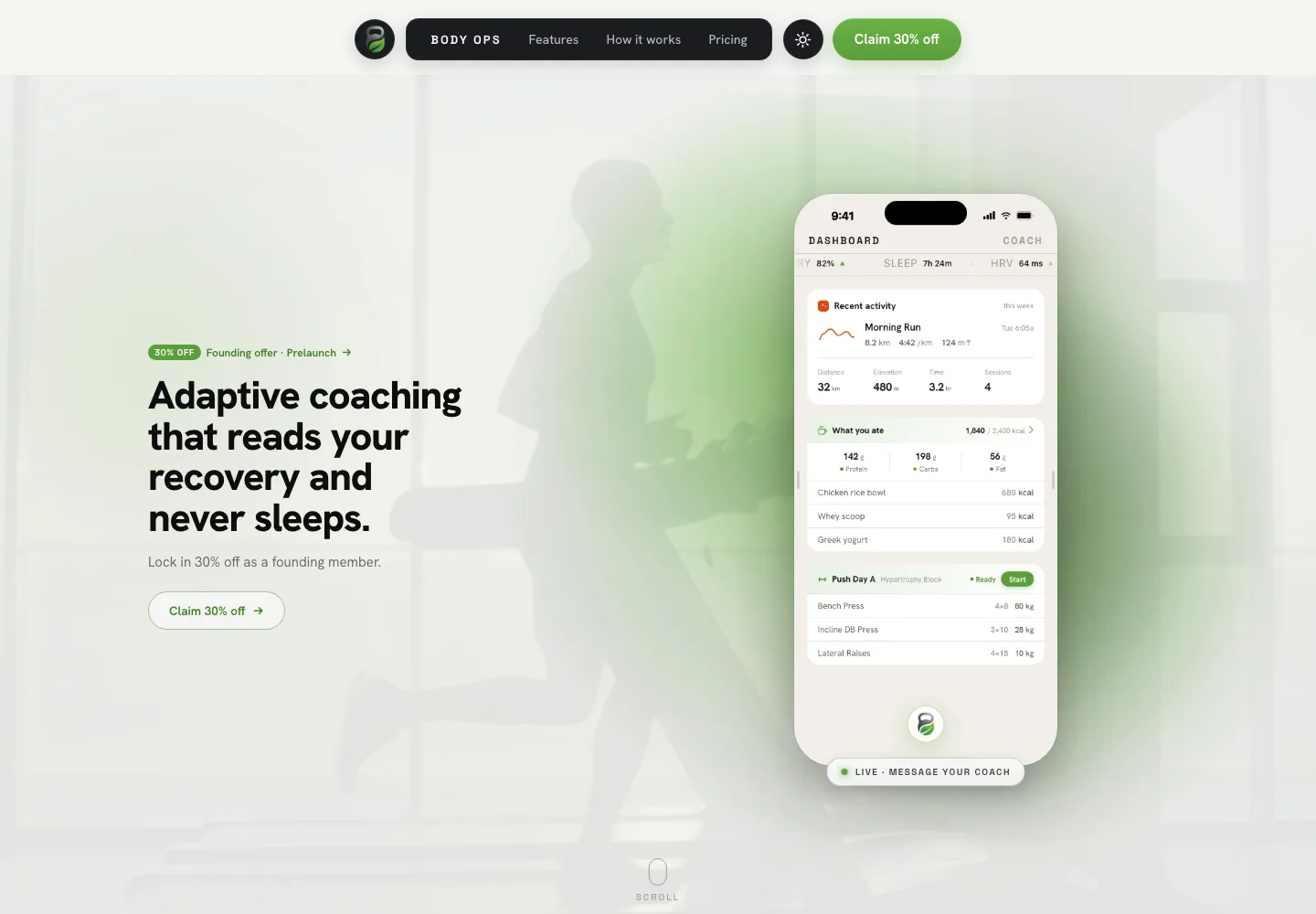 Body Ops live product homepage showing its iOS app dashboard