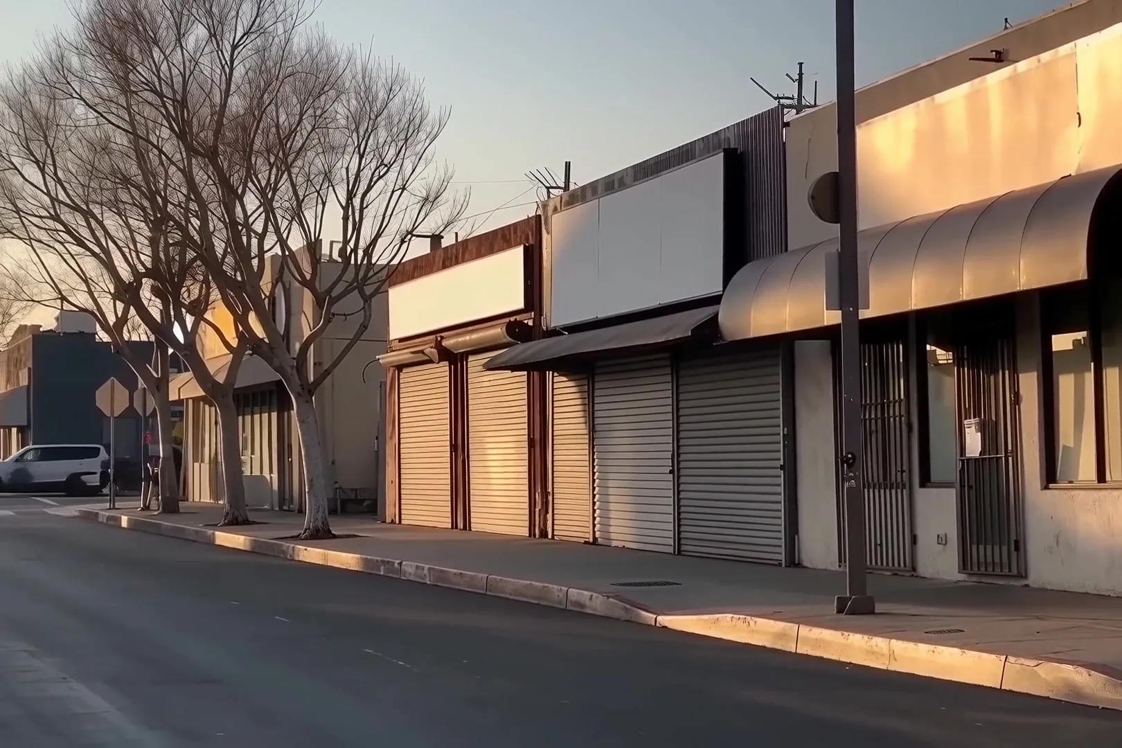 A row of small service-business storefronts on a Los Angeles street at sunrise